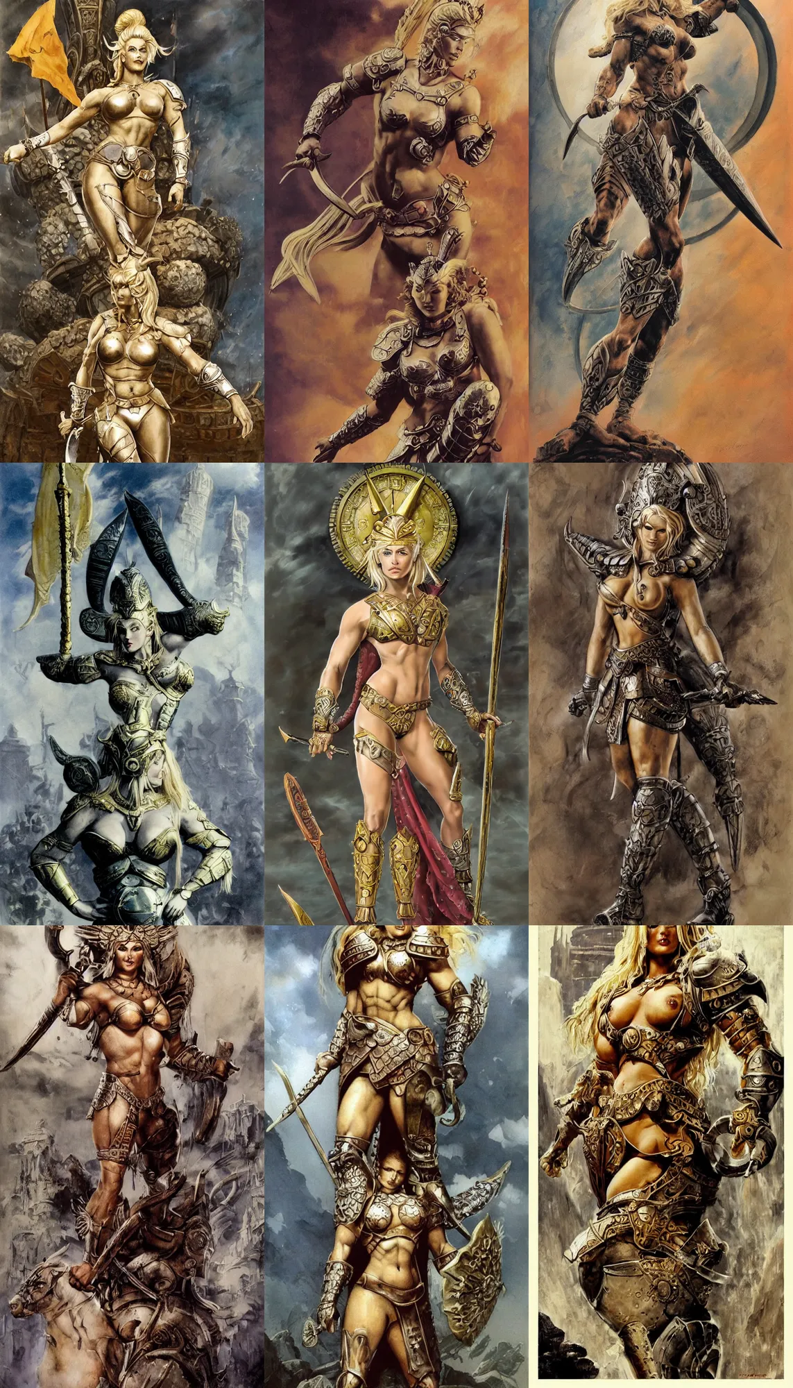 Prompt: A mixed media painting of a beautiful blonde warrior goddess in a coliseum, very aesthetic, curvy, detailed face and eyes, spartan, by Frank Frazetta, Boris Vallejo, Greg Rutkowski, Christian MacNevin, epic fantasy character art, roman numerals, high fantasy, CGsociety, full length, exquisite detail, post-processing, masterpiece, cinematic, coliseum backdrop