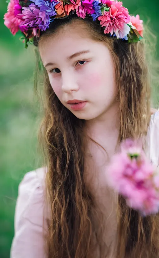 Image similar to portrait of a shy young girl with flowers in her hair, beautiful composition, modern color palette, 50mm f1.8, ambient light,