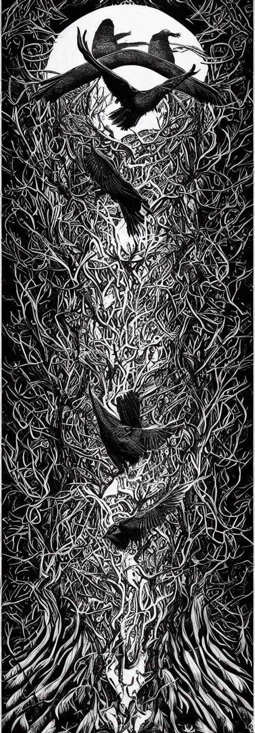 Image similar to psychedelic, monochrome artwork!!, of a single raven and deer combined, in front of an owl that is a window into the ocean, typography by hr giger and james jean and andreas rocha,