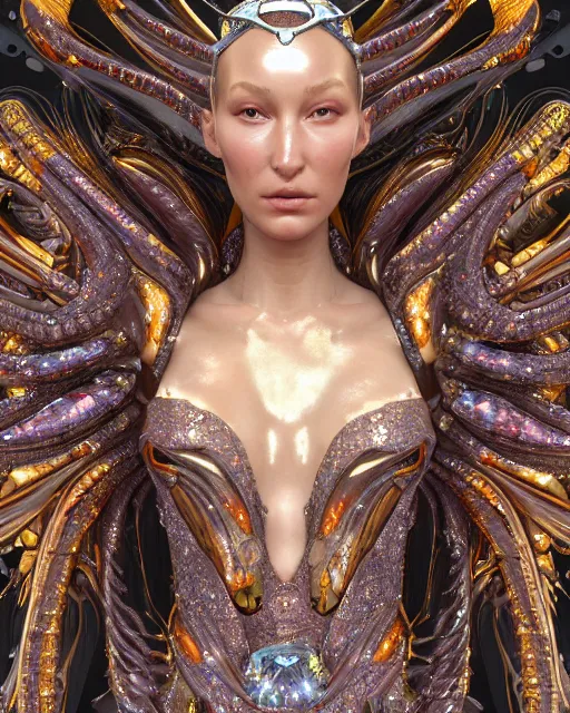 Image similar to a highly detailed metahuman 4 k close up render of an alien goddess bella hadid queen in iris van herpen dress schiaparelli in diamonds crystals swarovski and jewelry iridescent in style of alphonse mucha gustav klimt trending on artstation made in unreal engine 4