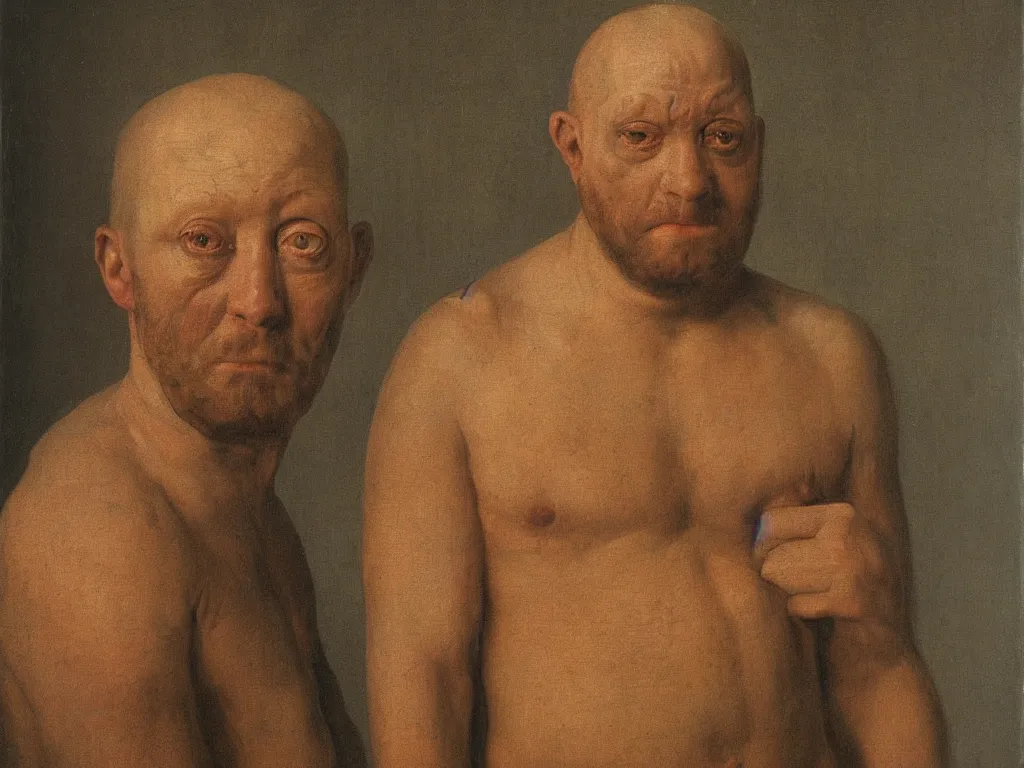 Prompt: portrait of a scarred professional wrestler. Painting by Jan van Eyck, August Sander.