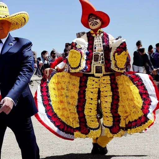 Prompt: donald trump dressed as a mariachi on the border with mexico