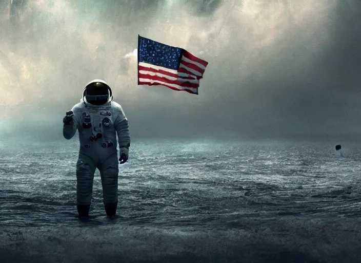 Image similar to astronaut holding a flag in an underwater desert. a submarine is visible in the distance. dark, concept art, cinematic, dramatic, atmospheric, 8 k, trending on artstation, blue, fish, low visibility, fog, ocean floor, christopher nolan, interstellar