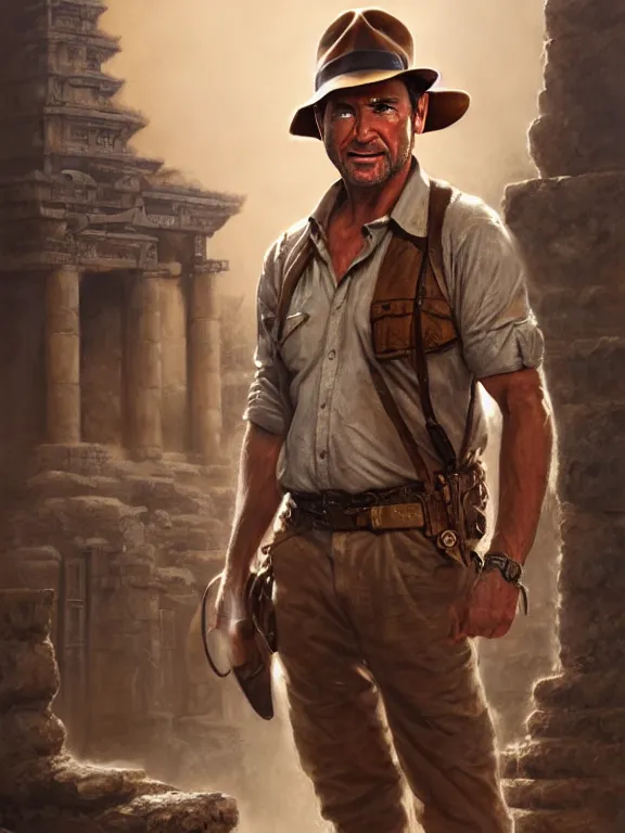 Image similar to indiana jones standing in front of an ancient temple, digital painting, extremely detailed, 4 k, intricate, brush strokes, mark arian, artgerm, bastien lecouffe - deharme