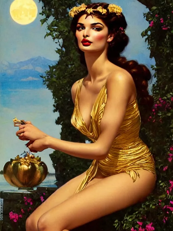 Prompt: Emily Ratajkowski as the magic Greek goddess Circe, a beautiful art nouveau portrait by Gil elvgren, moonlit Mediterranean environment, centered composition, defined features, golden ratio, intricate gold jewlery