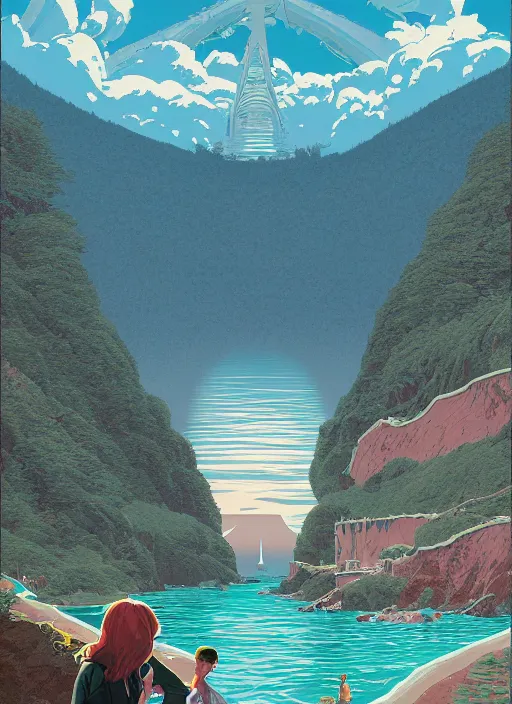 Prompt: Twin Peaks poster artwork by Michael Whelan and Tomer Hanuka, Rendering of travel to the italian riviera, from scene from Twin Peaks, full of details, by Makoto Shinkai and thomas kinkade, Matte painting, trending on artstation and unreal engine