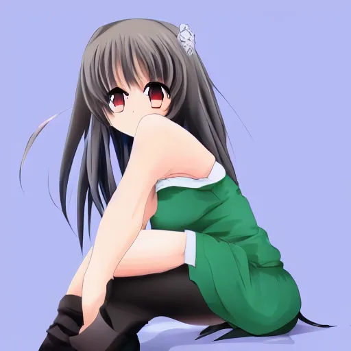 Prompt: anime girl, full body shot, sitting down, plain white background