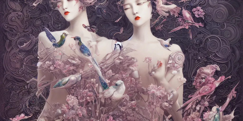 Prompt: breathtaking detailed hellbllade chines girl cyborg concept art painting art deco pattern of birds goddesses amalmation flowers, by hsiao ron cheng, tetsuya ichida, bizarre compositions, exquisite detail, extremely moody lighting, 8 k, art nouveau, old chines painting