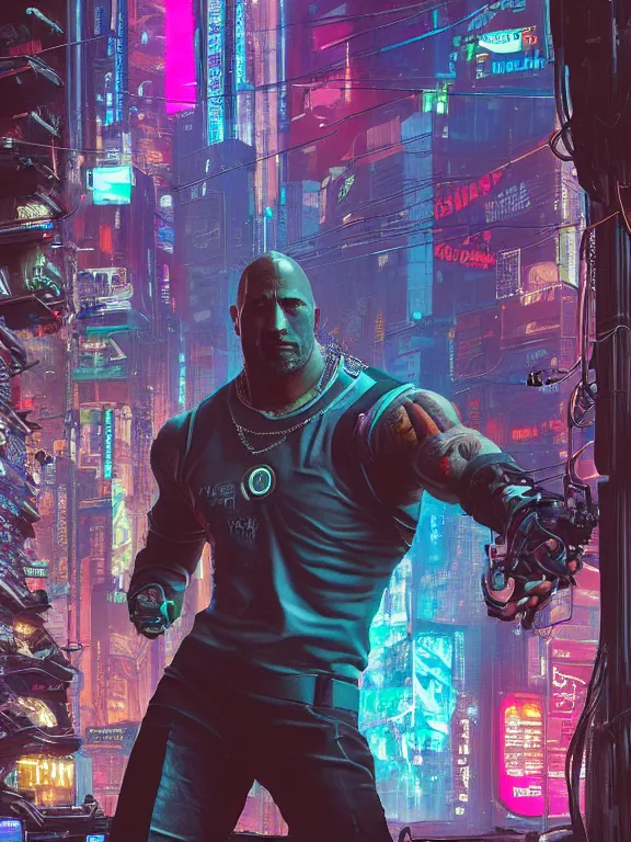 Image similar to a cyberpunk 2077 portrait of Dwayne Johnson put his arms around a female android , complex mess of cables and wires behind them connected to giant computer, love,film lighting, by laurie greasley,Lawrence Alma-Tadema,William Morris,Dan Mumford, trending on atrstation, full of color, highly detailed,8K, octane, Digital painting,golden ratio,cinematic lighting