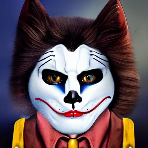 Image similar to graphic, hyperreal, portraiture illustration of a anthropomorphic handsome ragdoll cat wearing a joker mask and holding a blake, digital painting, trending on artstation