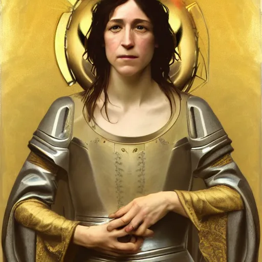 Image similar to portrait of charlotte gainsbourg as joan of arc, hyperreal digital painting, iconography influenced by alphonse mucha and eugene delacroix, arstation and deviantart trends, high resolution 8 k