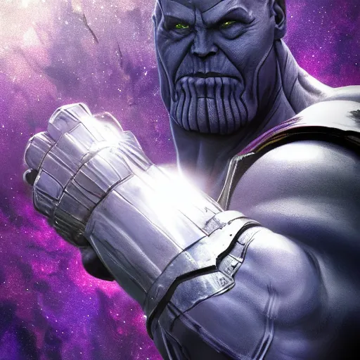 Prompt: thanos with the infinity gauntlet on a battlefield, artstation hall of fame gallery, editors choice, #1 digital painting of all time, most beautiful image ever created, emotionally evocative, greatest art ever made, lifetime achievement magnum opus masterpiece, the most amazing breathtaking image with the deepest message ever painted, a thing of beauty beyond imagination or words