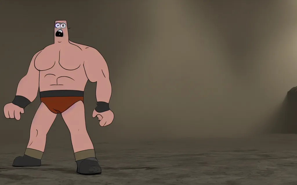 Prompt: muscle man from regular show, atmospheric, mist, epic, photorealistic, realistic, rule of thirds, extremely detailed, 4 k, 8 k, unreal engine 5 render, rim lighting, rtx, ray traced lighting, shot on 3 5 mm, film grain