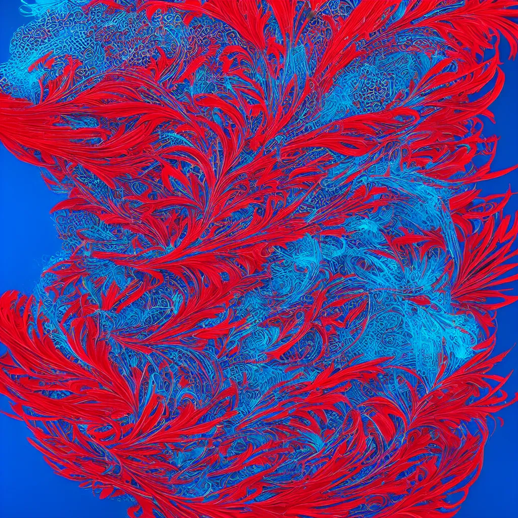 Image similar to filigree phoenix, anaglyph red blue, octane render, houdini, generative art, graphic design, stunning, colorful, trending on artstation, behance HD, 8k,4k