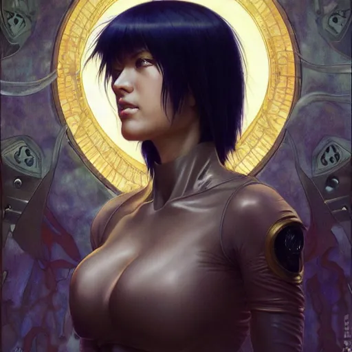 Prompt: Major Kusanagi from Ghost in the Shell drawn by Donato Giancola and Tom Bagshaw, face by Artgerm and Edmund Leighton, Alphonse Mucha, background by James Jean and Gustav Klimt, 4k, porcelain skin, komorebi, french nouveau, trending on artstation, octane render, hyperrealistic