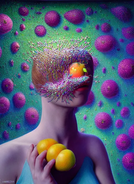 Image similar to hyper detailed 3d render like a Oil painting - Aurora (Singer) Eats of the Strangling Fruit and Her delicate Hands hold of gossamer polyp blossoms bring iridescent fungal flowers whose spores black the foolish stars by Jacek Yerka, Mariusz Lewandowski, Houdini algorithmic generative render, Abstract brush strokes, Masterpiece, Edward Hopper and James Gilleard, Zdzislaw Beksinski, Mark Ryden, Wolfgang Lettl, hints of Yayoi Kasuma, octane render, unreal engine 5 render, 8k