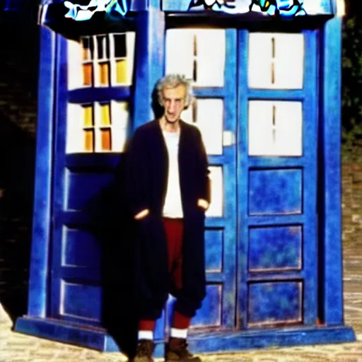 Image similar to christopher lloyd as doctor who in front of tardis, directed by steven spielberg, 1 9 9 4