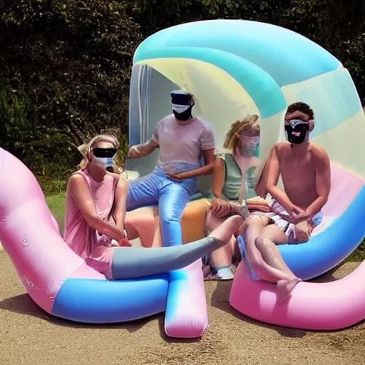 Image similar to a pastel colour high fidelity wide angle Polaroid art photo from a holiday album at a seaside with abstract inflatable parachute furniture, all objects made of transparent iridescent Perspex and metallic silver, people in masks relax, iridescence, nostalgic