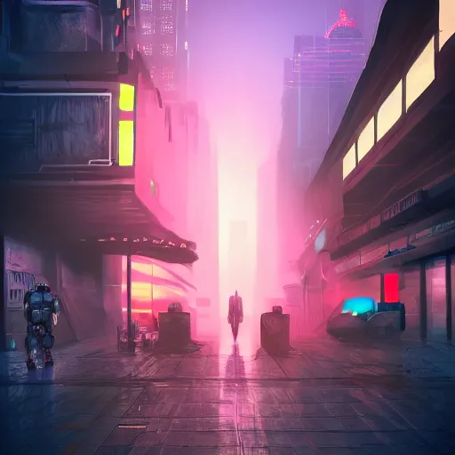 Prompt: Mandalorian, cyberpunk, neon, art station, fog, volumetric lighting, city, dark, gritty