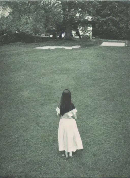 Image similar to woman at lawn, polaroid photography in style of andrey tarkovski, 35mm, film photo