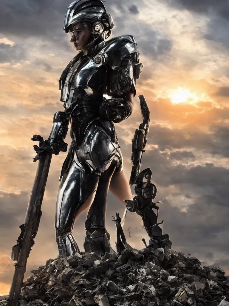 Image similar to emily blunt in futuristic power armor, close up portrait, solitary figure standing atop a pile of rubble, holding a sword on her shoulder, sunset and big clouds behind her