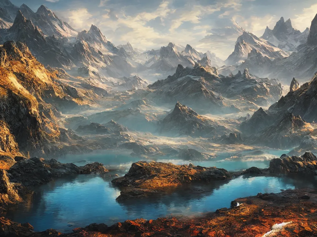 Image similar to a epic view of a mountainous lake, concept art, trending on, very detailed, unreal engine, 4 k, photoreal, volumetric lighting, light rays, epic composition, warm colors