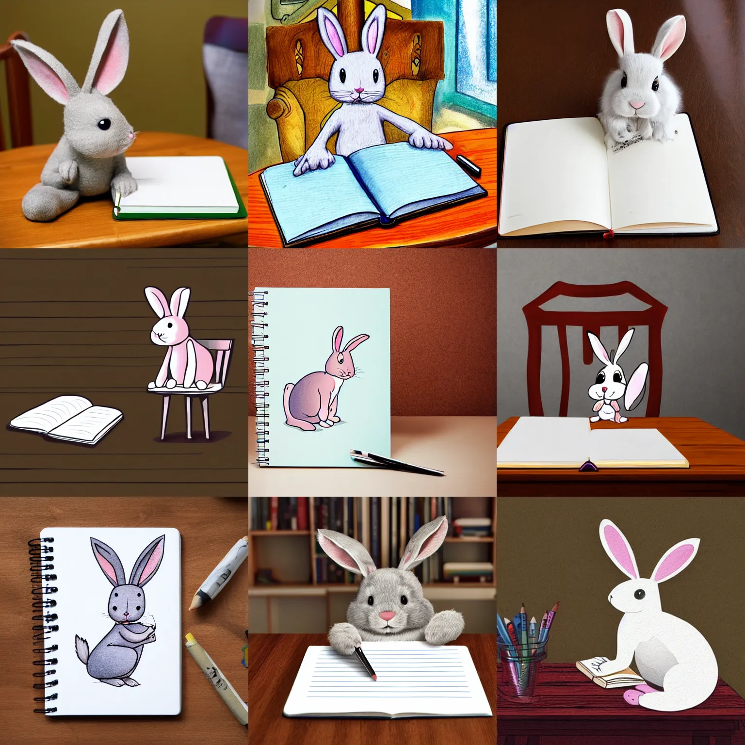 Prompt: a cute cartoon rabbit that is sitting on a chair and is writing on a notebook on a table, Children's Book Illustration, Laura Watson, Andy Catling, Nate Fakes, Basia Tran