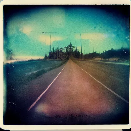 Prompt: polaroid of a dream double exposure road sea stars high contrast