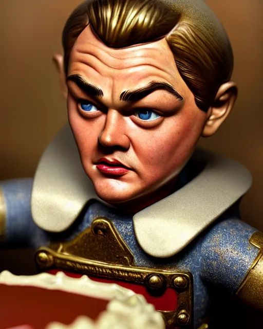 Image similar to highly detailed closeup, face profile portrait of a tin toy leonardo dicaprio as a medieval goblin eating cakes in a castle, hyper realistic, artstation, illustration, nicoletta ceccoli, mark ryden, lostfish, dan decarlo, bob clampett, max fleischer, digital paint, matte paint, vivid colors, detailed and intricate environment