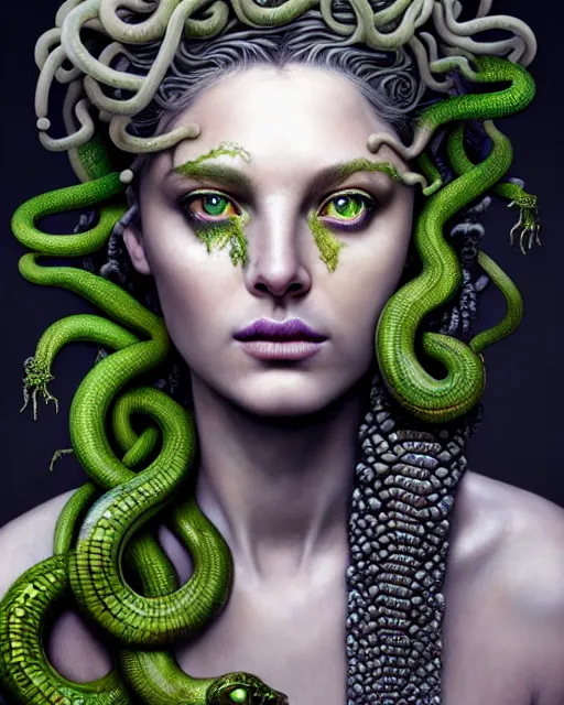 Image similar to hyperrealistic mixed media painting of beautiful Medusa, many green scaley serpents in her hair, gray stony skin, seductive expression, full body, stunning 3d render inspired art by P. Craig Russell and Barry Windsor-Smith + perfect facial symmetry + dim volumetric lighting, 8k octane beautifully detailed render, post-processing, extremely hyperdetailed, intricate, epic composition, grim yet sparkling atmosphere, cinematic lighting + masterpiece, trending on artstation, very very detailed, masterpiece, stunning