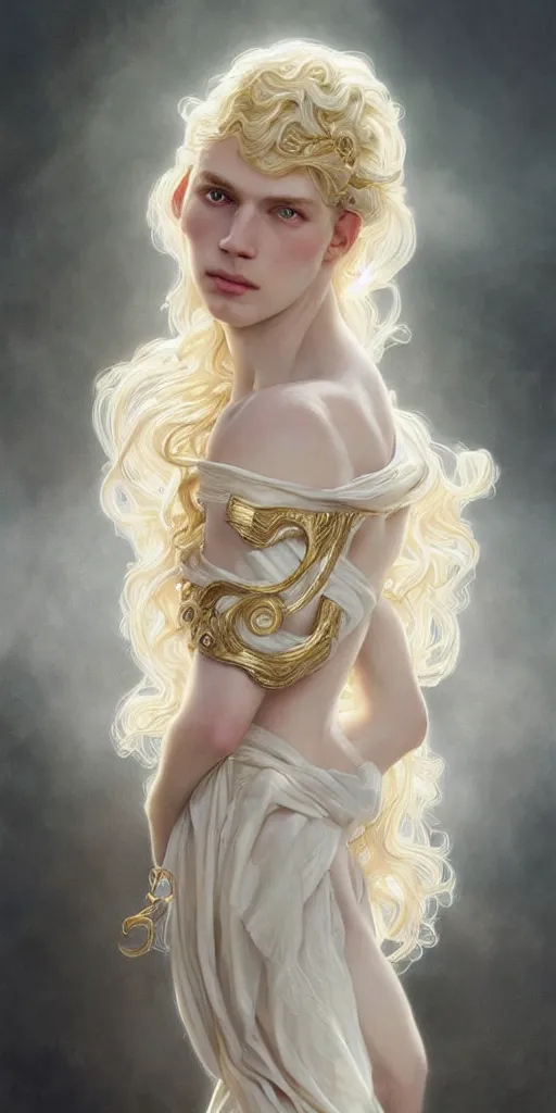 Image similar to a realistic liquid pale blond prince with a decorated dress made of white pearls , highly detailed, digital painting, very very very pale skin, long curly blond hair, Trending on artstation , HD quality, by artgerm and greg rutkowski and alphonse mucha, dramatic light, octane