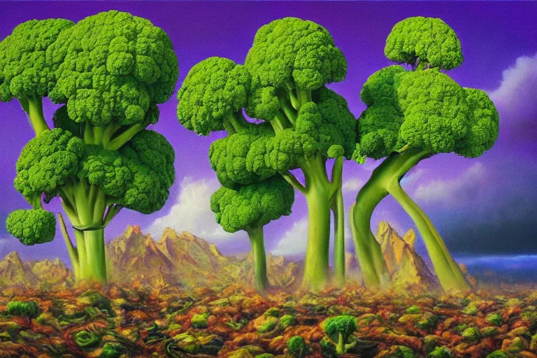 Prompt: broccoli hellscape, surrealism, elegant oil painting, highly detailed