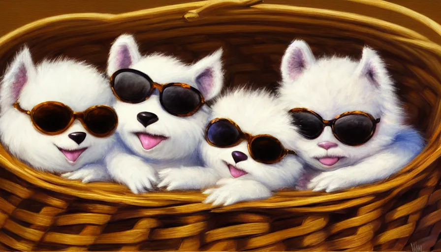 Image similar to highly detailed painting of cute furry furbys wearing shades cuddling up in a basket by william turner, thick brush strokes and visible paint layers, 4 k resolution