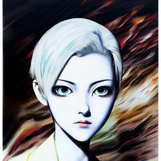 Prompt: Three quarter view Yoshitaka Amano style portrait of an anime girl with short white hair and different eyes wearing suit with patterns, abstract black and white background, film grain effect, highly detailed, oil painting, twin peaks color palette