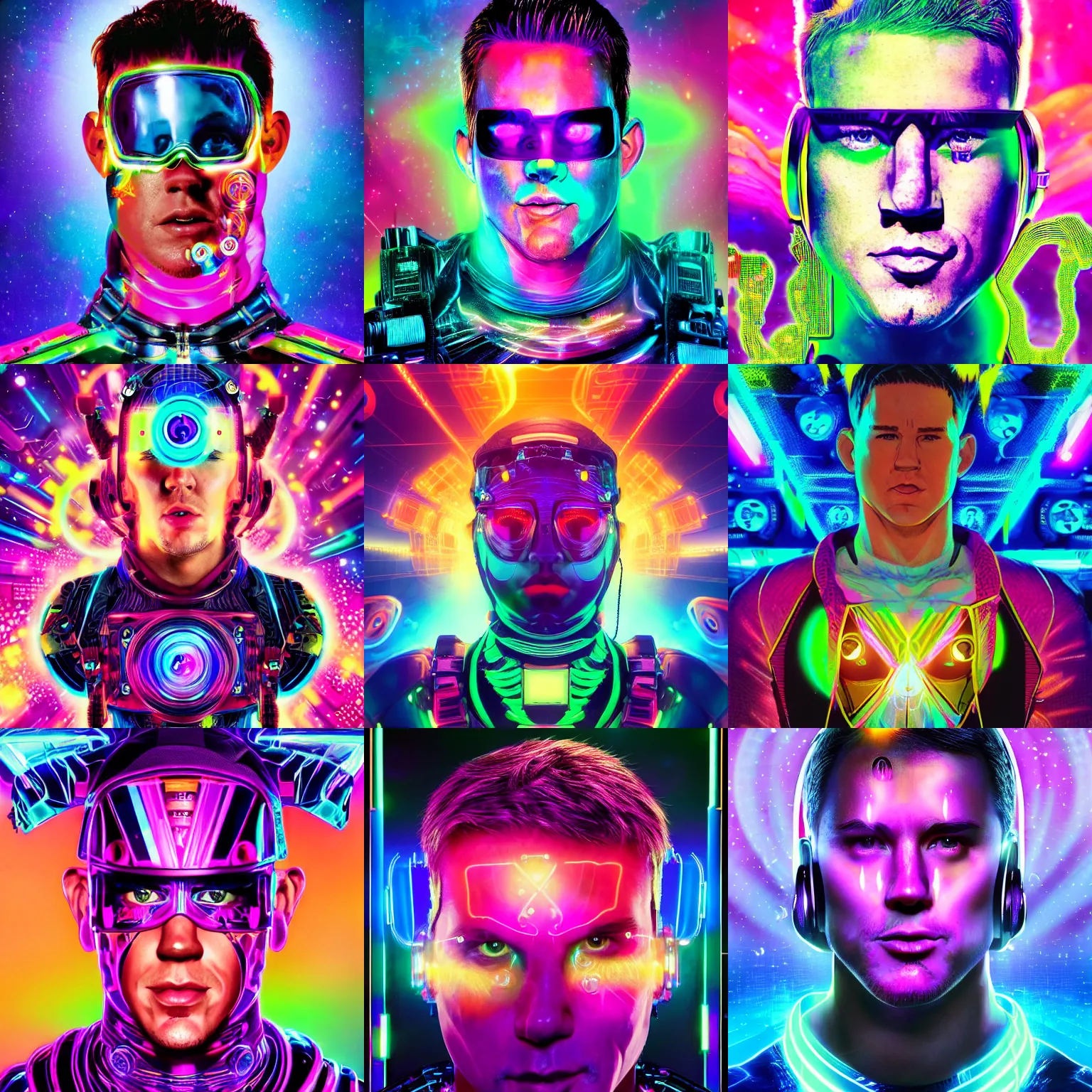 Prompt: a detailed portrait of channing tatum cyborg superhuman wearing a raver cyberpop outfit by lisa frank and cicely mary barker, taiyo matsumoto, myst, beeple, cgsociety, crisp, low angle shot
