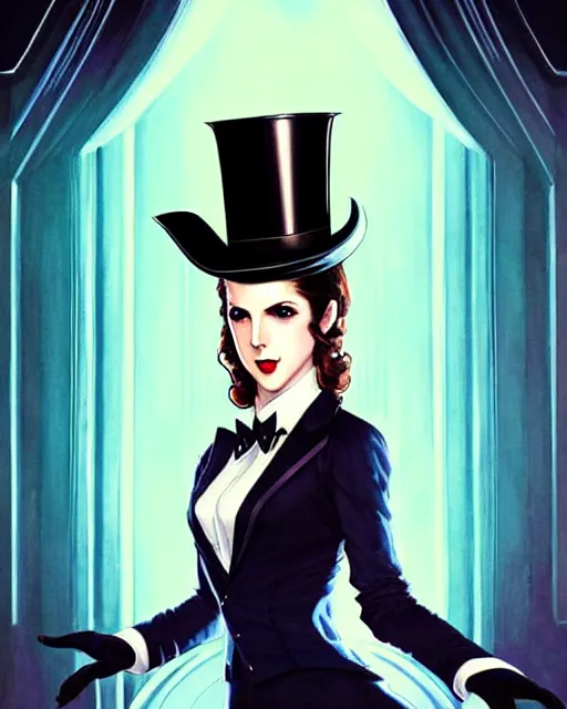Prompt: beautiful Anna Kendrick Zatanna DC Comics floating on stage, wearing a top hat, symmetrical face symmetrical eyes, smiling, fantasy, intricate details, atmospheric, elegant, concept art, art by artgerm koyoharu gotouge, Norman Rockwell