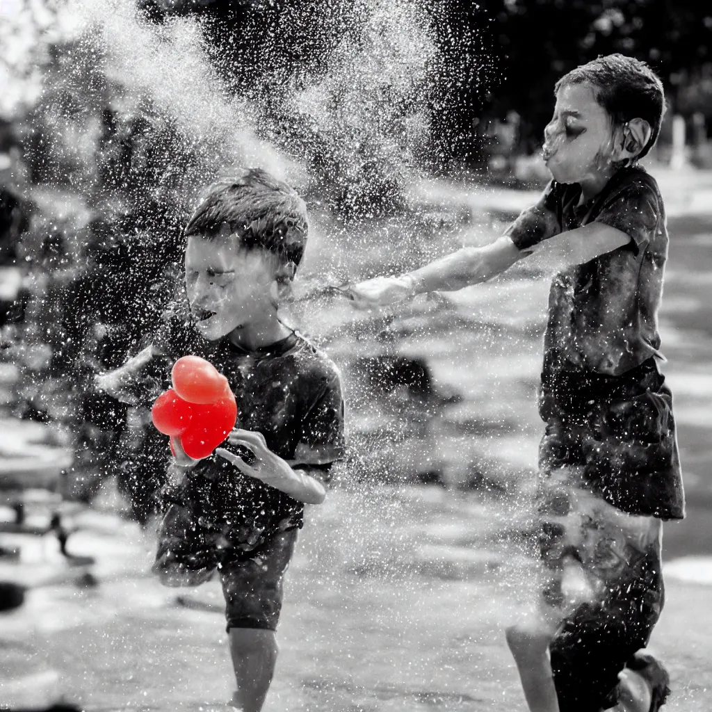 Image similar to close up photo of a young person being hit in the face by a water balloon, ultra fast shutter, 25mm sigma, kodachrome