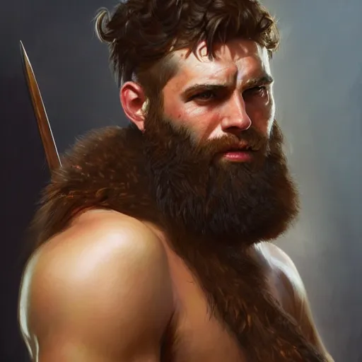 Image similar to portrait of a young rugged male barbarian, handsome, upper body, hairy torso, D&D, fantasy, intricate, elegant, highly detailed, digital painting, artstation, concept art, smooth, sharp focus, illustration, art by artgerm and greg rutkowski and alphonse mucha