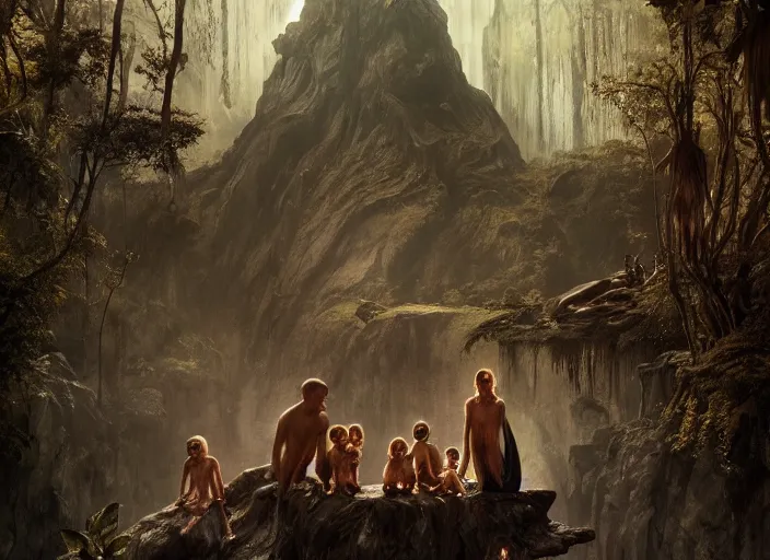 Image similar to a dramatic highly detailed render of Gollum family , Middle-earth , by WLOP and Artgerm and Greg Rutkowski and Alphonse Mucha, Beautiful dynamic dramatic dark moody lighting, shadows, cinematic atmosphere, Artstation, Octane render, 8K, masterpiece, sharp focus, hyperrealistic, photograph