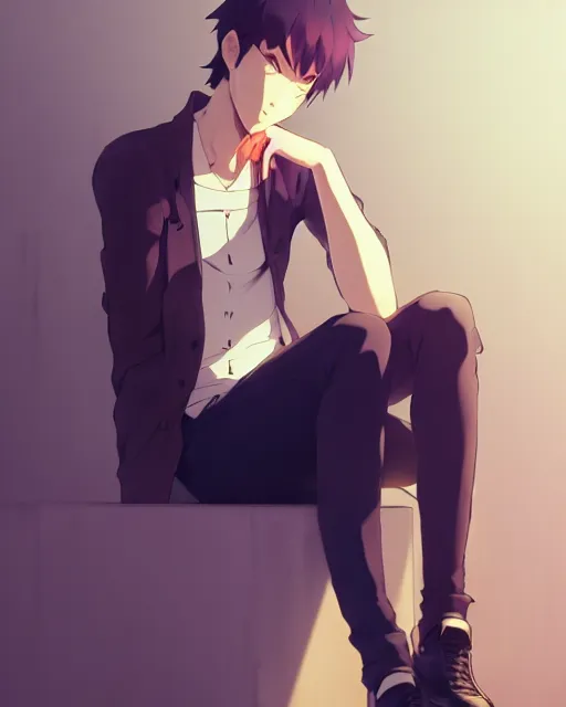 Image similar to a handsome man wearing fashionable street attire, sitting down casually, square masculine facial features, short messy hair, intimidating appearance, 3 d octane render, unreal engine 5, ultra high detail, cel shaded, trending on pixiv fanbox, by greg rutkowski makoto shinkai takashi takeuchi studio ghibli, akihiko yoshida