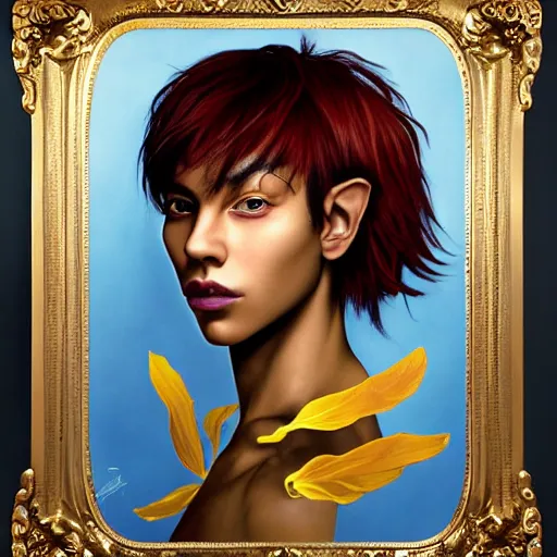 Prompt: portrait of a beautiful and androgynous half - elf with messy short red hair and dark skin tone and catlike features and yellow eyes with slit pupils, golden hour, wearing a colorful men's suit, dnd character, realistic painting by kehinde wiley and ross tran and gerald brom and tasha beckwith and alphonse mucha, trending on artstation