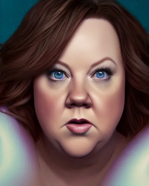 Prompt: Fullbody potrait of Melissa McCarthy as an angel, hyper realistic, prismatic highlights, atmosphere, gorgeous, depth of field, cinematic, macro, concept art, 50mm, artstation, wlop, elegant, epic, weta digital, focus, octane render, v-ray, 8k, kodak portra, art by Liberatore