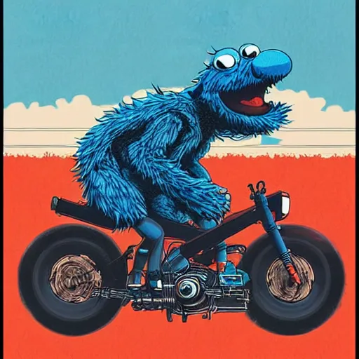 Image similar to illustration of cookie monster riding kaneda's motorcycle from akira by ilya kuvshinov katsuhiro otomo