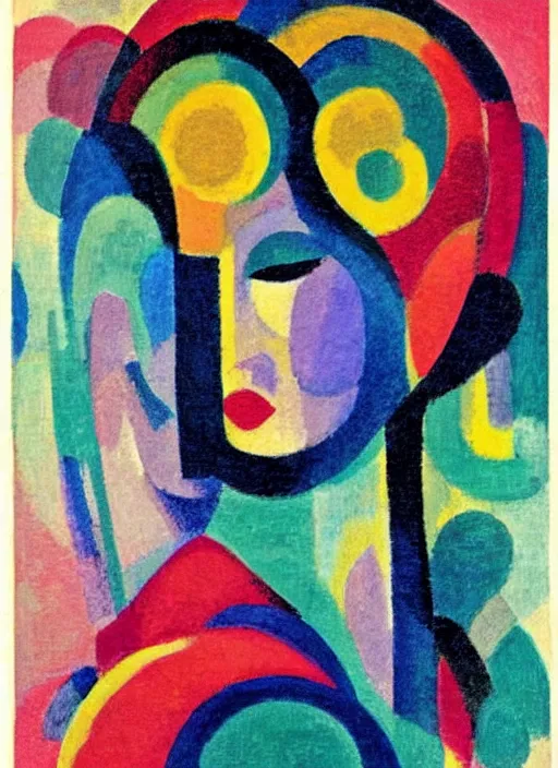 Prompt: an extreme close-up abstract portrait of a lady enshrouded in an impressionist representation of Mother Nature and the meaning of life by Sonia Delaunay and Igor Scherbakov, abstract colorful lake garden at night, thick visible brush strokes, figure painting by Anthony Cudahy and Rae Klein, vintage postcard illustration, minimalist cover art by Mitchell Hooks