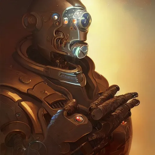 Image similar to a mysterious portrait of a cyborg bodyguard, handsome, premium cybernetics, D&D, fantasy, intricate, smooth, golden hour, artwork by Peter mohrbacher and Wayne barlowe