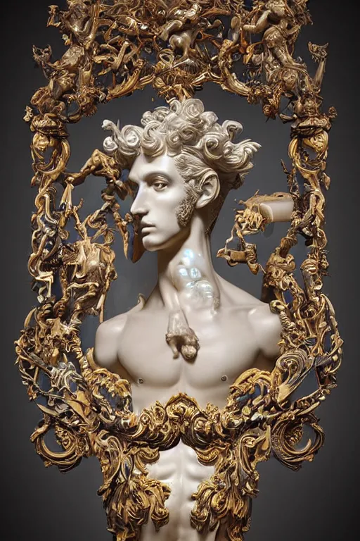 Image similar to full-body neon porcelain bladerunner and rococo style sculpture of a young handsome Cuban prince as a half android with a porcelain chest opening exposing circuitry and electric sparks, glowing laser beam eyes, crown of giant diamonds, flowing neon-colored silk, fabric, raptors. baroque elements. full-length view. baroque element. intricate artwork by caravaggio. many many birds birds on background. Trending on artstation, octane render, cinematic lighting from the right, hyper realism, octane render, 8k, depth of field, 3D