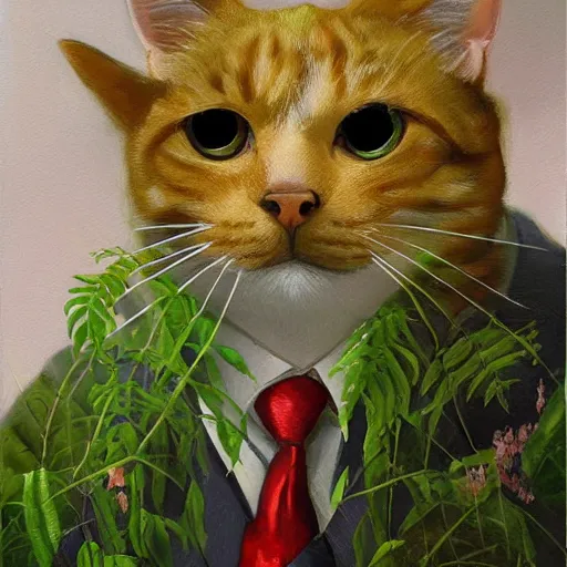 Prompt: a cat with a monocle and a suit in the style of wlop, portrait, overgrown by plants. this oil painting by the award - winning mangaka has interesting color contrasts, plenty of details and impeccable lighting