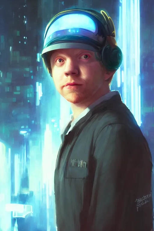 Prompt: portrait of Rupert Grint as Ron Wisly with visor in cyberpunk, neon lighting, night city, digital art from artstation by Ruan Jia and Mandy Jurgens and Artgerm and william-adolphe bouguereau and Greg Rutkowski