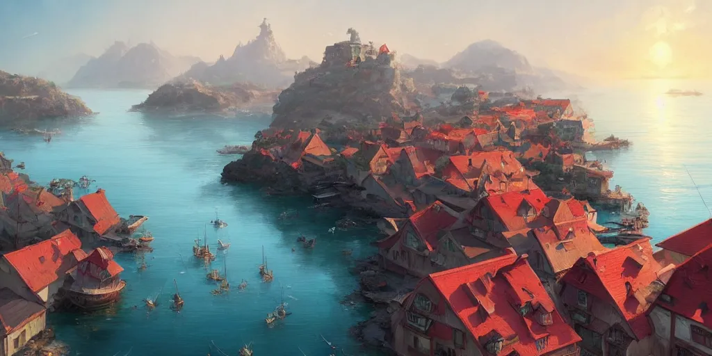 Image similar to Cozy small village on a cape, red roofs, fishing boats, view from above. In style of Greg Rutkowski, Jesper Ejsing, Makoto Shinkai, trending on ArtStation, fantasy, great composition, concept art, highly detailed, scenery, 8K, Behance.