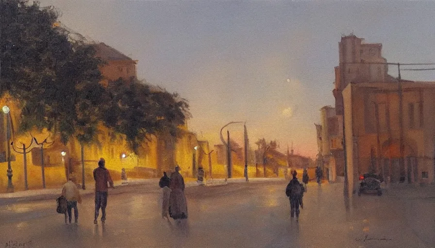 Image similar to painting by artemov leonid, evening landscape in the city and two people on the road